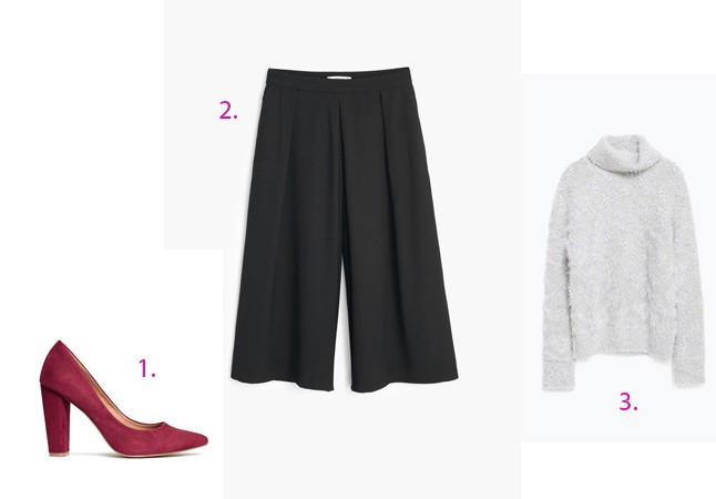 1: Cipő H&M 8990 Ft - 2: Szövetnadrág MANGO 9995 Ft - 3: Garbó ZARA 9995 Ft