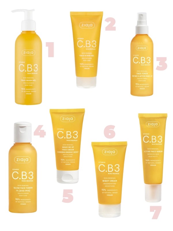 1. C.B3 Vitamin Niacinamid arctisztító gél ZIAJA 2. C.B3 Vitamin Niacinamid hámlasztó gél ZIAJA 3. C.B3 Vitamin Niacinamid arctonik spray ZIAJA 4. C.B3 Vitamin Niacinamid hámlasztó arctonik ZIAJA 5. C.B3 Vitamin Niacinamid frissítő reggeli arckrém ZIAJA 6. C.B3 Vitamin Niacinamid nyugtató-regeneráló éjszakai arckrém ZIAJA 7. C.B3 Vitamin Niacinamid aktív arcszérum ZIAJA