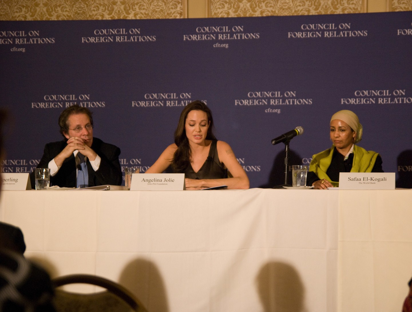 A fotó 2008. április 8-án készült Washingtonban, ahol Angelina Jolie a Council on Foreign Relations egyik panelbeszélgetésén vett részt. A téma az iraki háború hatása volt a gyermekek oktatására és életére, különösen a konfliktus sújtotta övezetekben. Jolie Gene Sperling és Safaa El-Kogali társaságában beszélt arról, milyen fontos, hogy a háborúban érintett gyermekek megfelelő oktatáshoz jussanak, mert ez az egyik kulcs a jobb jövőjükhöz.