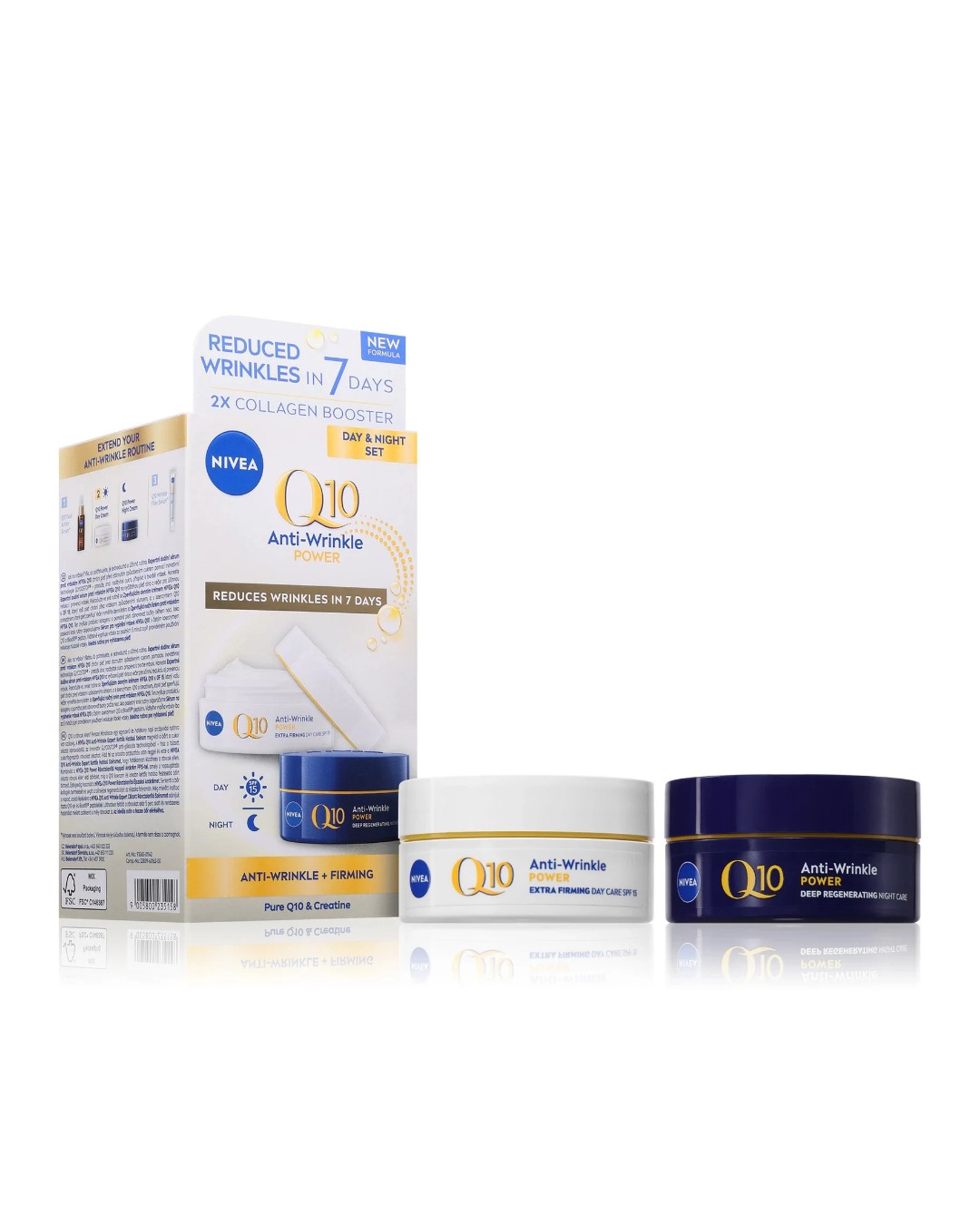 Q10 Nappali + Éjszakai ránctalanító krém duo 2 db NIVEA 7299 Ft/50 ml. Serkenti a bőr természetes anyagcseréjét és 15 faktoros fényvédelemmel védi a bőrt a napfény okozta ráncok kialakulásától.