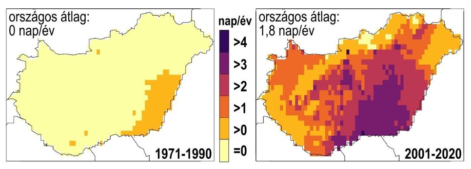 1. ábra: A tartós hőhullámos napok átlagos évi száma 1971-1990 és 2001-2020 között az Országos Meteorológiai Szolgálat mérései szerint. A szerzők ábrája.