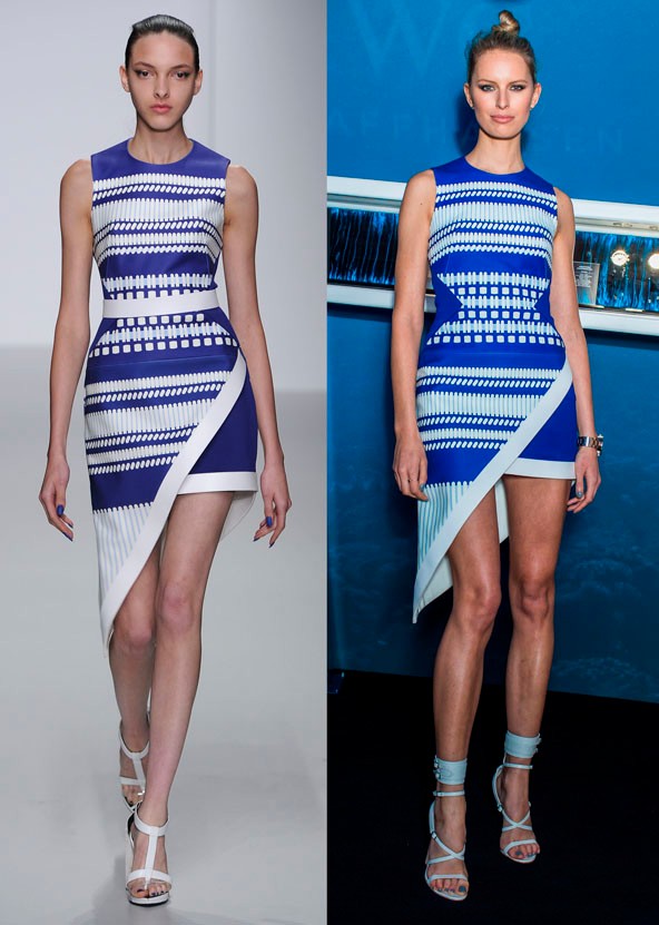 Karolina Kurkova modellként pontosan tudja, mi áll jól neki. David Koma geometriai mintás, aszimmetrikus ruhája jó választás volt.