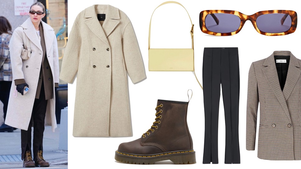 Kabát MANGO 59 995 Ft, Táska ARKET arket.com, Bakancs Dr. MARTENS answear.hu 67 190 Ft, Nadrág RESERVED 9995 Ft, Napszemüveg MASSIMO DUTTI 27 995 Ft, Zakó MANGO 19 995 Ft