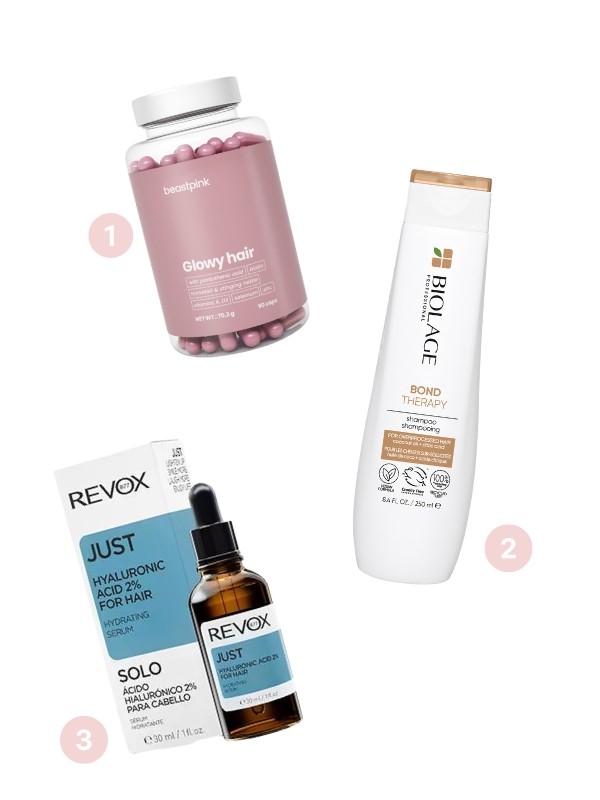1. Glowy Hair hajvitamin BEASTPINK 5590 Ft 2. Bond Therapy sampon BIOLAGE 6435 Ft/250 ml (25,74 Ft/1 ml) 3. B77 Just Hyaluronic Acid 2% fejbőr szérum REVOX 2999 Ft/30 ml