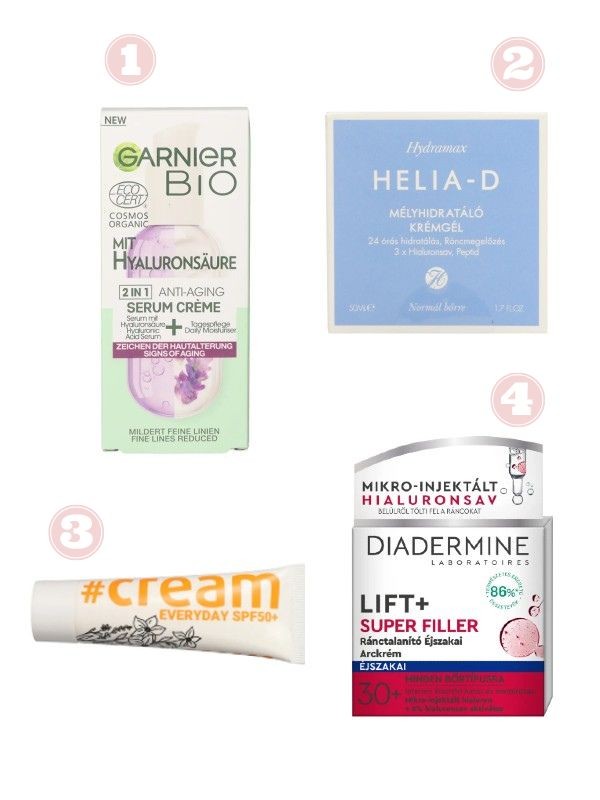 1. Bio levendulás szérum krém GARNIER 2999 Ft/50 ml (59,98 Ft/1 ml) a Rossmann üzleteiben és online, GLAMOUR kuponnal, 30% kedvezménnyel 2099,3 Ft 2. Hydramax mélyhidratáló krémgél HELIA-D 2999 Ft/50 ml (59,98 Ft/1 ml) a Rossmann üzleteiben és online, GLAMOUR kuponnal, 35% kedvezménnyel 1949,35 Ft 3. Everyday fényvédő arckrém SPF50+ KEVE 2599 Ft/50 ml (51,98 Ft/1 ml) a Rossmann üzleteiben és online, GLAMOUR kuponnal, 25% kedvezménnyel 1949,25 Ft 4. Lift & Super Filler éjszakai arckrém DIADERMINE 4999 Ft/50 ml (99,98 Ft/1 ml) a Rossmann üzleteiben és online, GLAMOUR kuponnal, 40% kedvezménnyel 2999,4 Ft