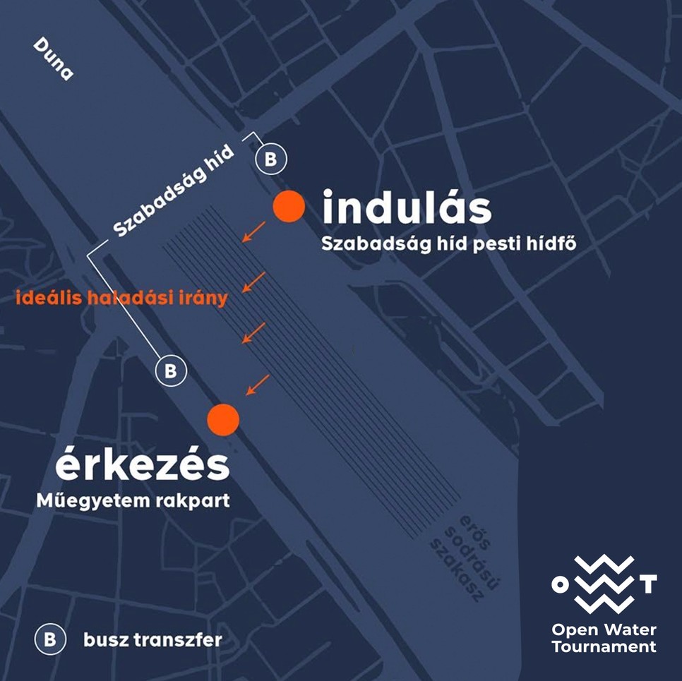 Az útvonal térképe megmutatja, hol rajtolnak és érkeznek célba a Generali OWT Duna-átúszás résztvevői Budapest belvárosában
