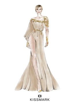 Liptai Claudia keleti ihletésű meztelenruhájának rajza, melyet a tervező, Kiss Márk készített 