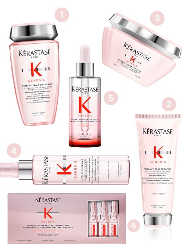 1. Bain Hydra-Fortifiant sampon KÉRASTASE 12 460 Ft/250 ml (49,84 Ft/1 ml) 2. Fondant Renforçateur kondícionáló KÉRASTASE 16 700 Ft/200 ml (83,5 Ft/1 ml) 3. Masque Reconstituant hajpakolás KÉRASTASE 21 400 Ft/200 ml (107 Ft/1 ml) 4. Défense Thermique hővédő spray KÉRASTASE 15 600 Ft/150 ml (104 Ft/1 ml) 5. Sérum Anti-Chute Fortifiant fejbőr ápoló KÉRASTASE 21 400 Ft/90 ml (237,77 Ft/1 ml) 6. Hajhullás elleni ampulla kezelés - keresd a partnerszalonokban!