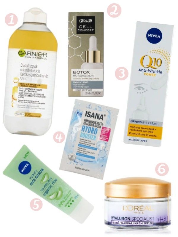 1. Kétfázisú micellás víz GARNIER 1899 Ft/400 ml, GLAMOUR kuponnal, 30% kedvezménnyel 1329 Ft, 2. Cell Concept botox hatású szérum HELIA-D 3999 Ft/30 ml, GLAMOUR kuponnal, 35% kedvezménnyel 2599 Ft, 3. Q10 Power szemkörnyékápoló NIVEA 3899 Ft/15 ml, GLAMOUR kuponnal, 40% kedvezménnyel 2339 Ft, 4. Hydro Booster textil maszk ISANA 399 Ft, GLAMOUR kuponnal, 20% kedvezménnyel 319 Ft, 5. Rizses arcradír NIVEA 1999 Ft/75 ml, GLAMOUR kuponnal, 40% kedvezménnyel 1199 Ft, 6. Hyaluron Specialist nappali arckrém L'ORÉAL 2999 Ft/50 ml, GLAMOUR kuponnal, 30% kedvezménnyel 2099 Ft - a kuponokat a Rossmann üzleteiben és a webshopban válthatod be!
