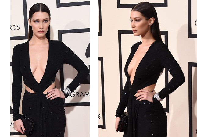 Bella Hadid, sztármodell, dekoltázs, grammy, grammy 2016, melle