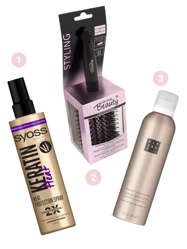 1. Keratin Heat hővédő spray SYOSS 2199 Ft/150 ml (14,66 Ft/1 ml) 2. Hajtőemelő körkefe FOR YOUR BEAUTY 4599 Ft 3. Elixir Volume Mousse hajhab RITUALS 4890 Ft/200 ml (24,45 Ft/1 ml)