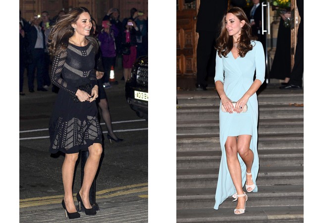 Balra, egy izgalmasab Temperley London ruhában, jobbra pedig egy szokatlanul rövid Jenny Peckham darabban a hercegné
