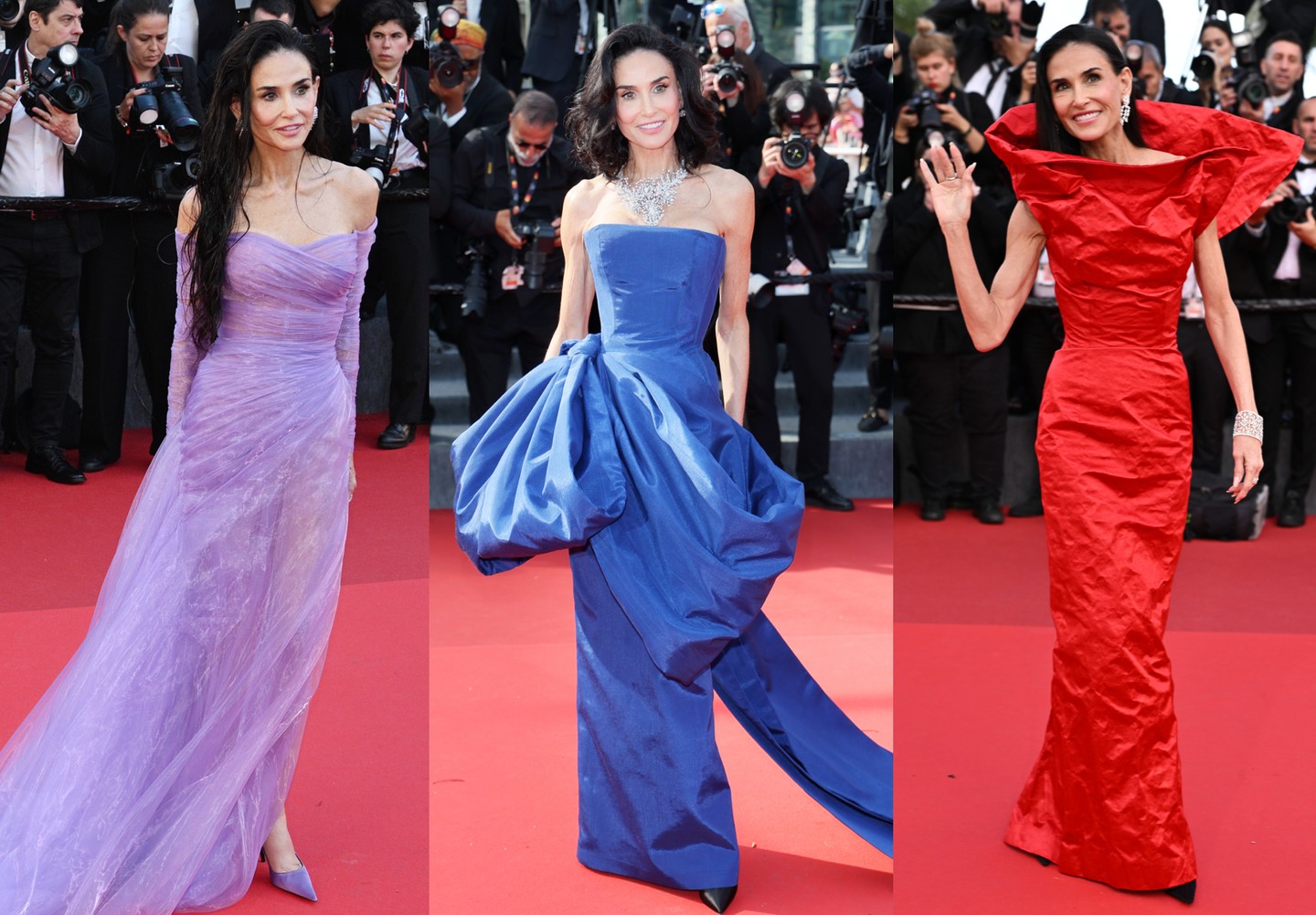 Ahogy Palvin Barbara esetében sem lehetett egy darab megjelenést kiválasztani, úgy Demi Moore-nál sem tudtuk megjelelölni mi kerüljön a galériába. Három stílus, három szín, két divatház: Lila (Gucci), kék (Self-Portrait), piros (Gucci)