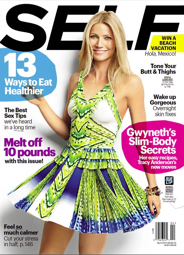 Idén 42 éves lesz Gwyneth Paltrow, de akárhogy nézzük, sokkal kevesebbnek tűnik, mert üdeségét megőrizte – ezt láthatjuk a Self címlapján is. Az utóbbi időben a színészet mellett szakácskönyvet írt (nagyon szeret főzni), és saját blogot is működtet.