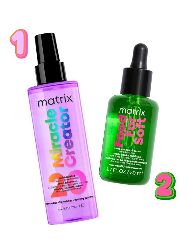 1. Miracle Creator multifunkcionális hajspray MATRIX 6700 Ft/190 ml (35,26 Ft/1 ml) 2. Food For Soft olajszérum MATRIX 9820 Ft/50 ml (196,4 Ft/1 ml) - notino.hu
