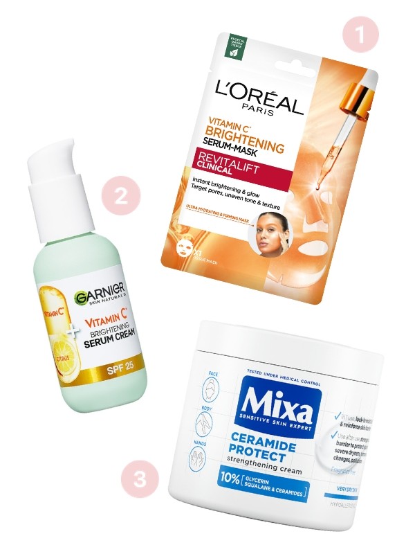 1.  Revitalift Clinical ragyogást adó C-vitaminos maszk L'ORÉAL PARIS 1599 Ft 2. Skin Naturals krém-szérum C-Vitaminnal GARNIER 4499 Ft/50 ml (89,98 Ft/1 ml) 3. Ceramide Protect testápoló MIXA 3299 Ft/400 ml (8,24 Ft/1 ml)