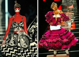 Az absztrakt képzőművészet vagy akár a romantikus, fodros-latinos formakincs elemei Galliano értelmezésében fantasztikus ruhakölteménnyé váltak.