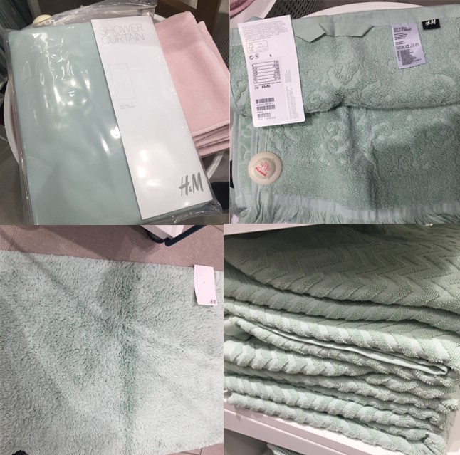 Már idejében portyáztam a Shoppingünnep előtt, ezeket a fürdőszobába való mentaszínű kiegészítőket már jó előre lefotóztam a H&M Home-nál.