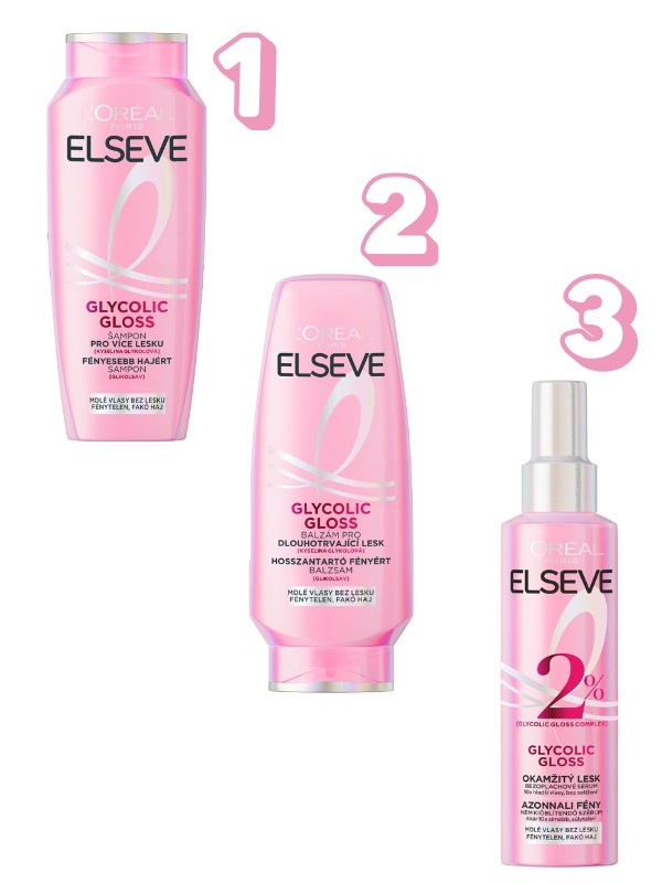 1. Elseve Glycolic Gloss sampon L'ORÉAL PARIS 1399 Ft/400 ml (3,49 Ft/1 ml) 2. Elseve Glycolic Gloss balzsam L'ORÉAL PARIS 1999 Ft/300 ml (6,66 Ft/1 ml) 3. Elseve Glycolic Gloss hajszérum spray L'ORÉAL PARIS 2449 Ft/150 ml (16,32 Ft/1 ml)