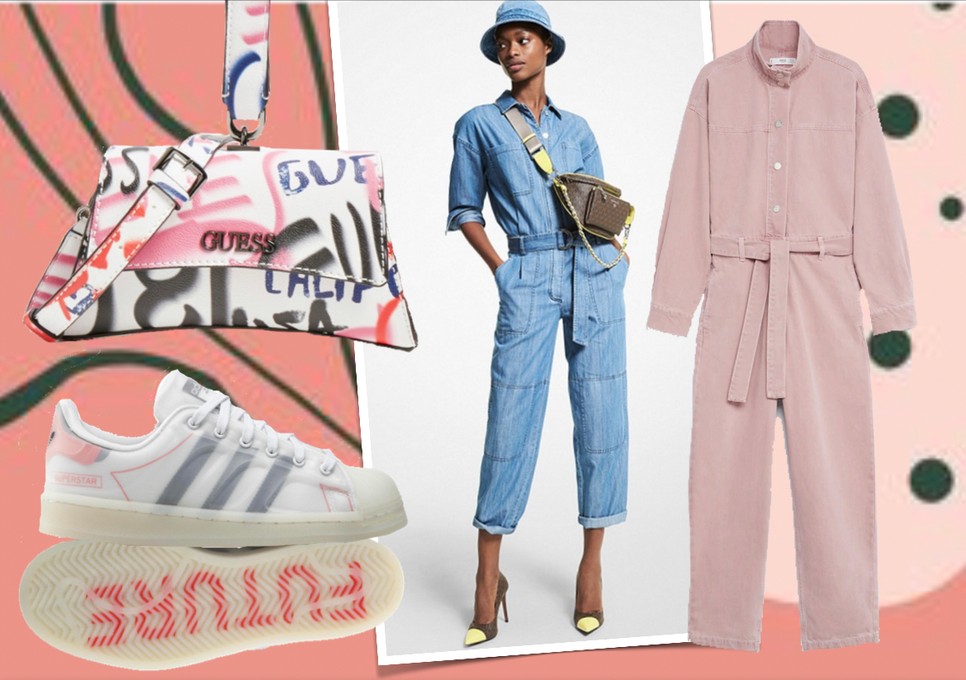 Fenntartható anyagból készült overall MANGO 19995 Ft, Mintás táska GUESS guess.com, Tornacipő ADIDAS-ecipo.hu 27990 Ft