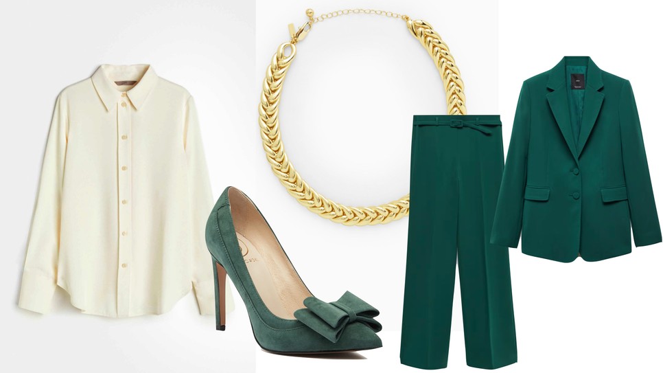 Zakó és nadrág MANGO 25 995 Ft, 16 995 Ft, Blúz H&M 6995 Ft, Nyaklánc COS 36 500 Ft, Cipő BALDOWSKI - ecipo.hu 51 000 Ft