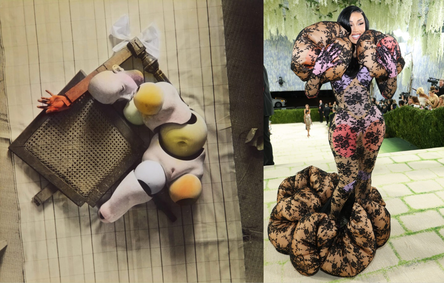 Cardi B egy szürrealista lázálomként érkezett, megjelenését Hans Bellmer hátborzongató és különös arányú babáit idézve formálták át. Ez az avantgárd átalakulás Marc Jacobs tervezésének köszönhető. Hans Bellmer német művész leginkább rajzairól, rézkarcairól és az 1930-as évek közepén készített, életnagyságú, szétszedhető női bábuiról vált híressé. Jacobs közvetlenül ebből a vizuális nyelvből merített ihletet, Cardi B sziluettjét szokatlanul túlzóvá alakítva.