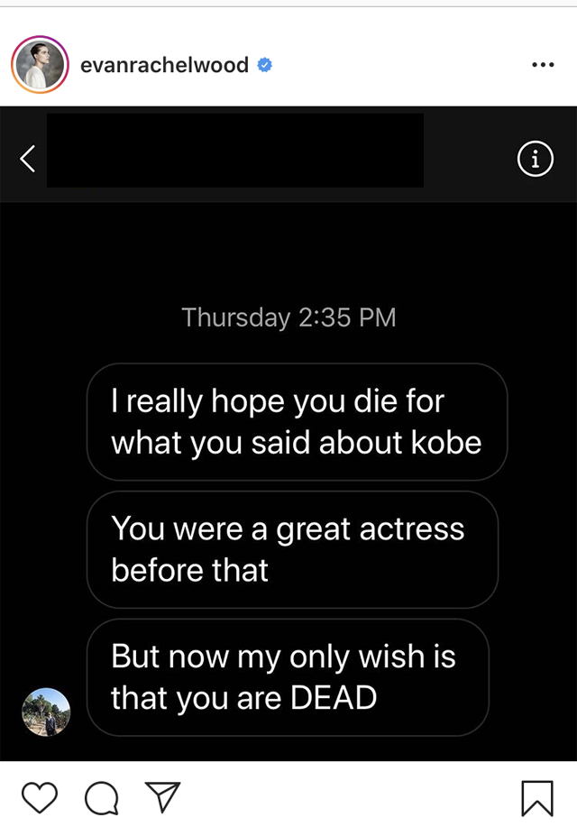 Borzalmas: Evan Rachel Wood halálos fenyegetéseket kap, amiért erőszakolónak nevezte Kobe Bryantet