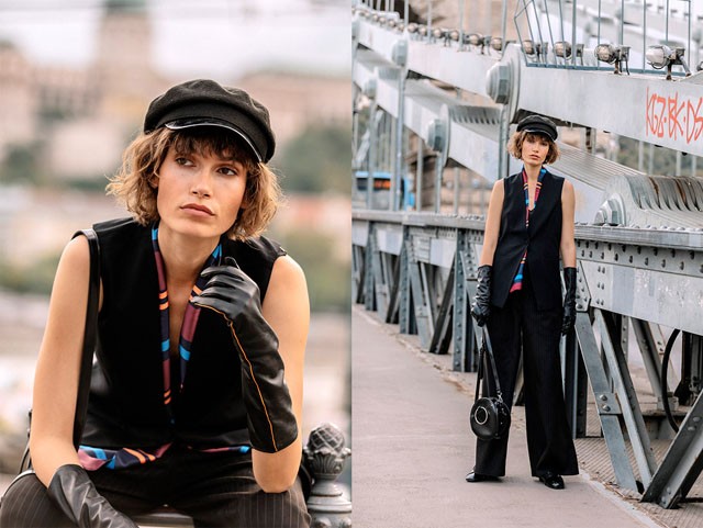 Állatfoltos bélésű mellény  8995Bő, csíkos nadrág  12995Gyapjútartalmú sapka  3995Kerek táska fémfogóval  8995Csíkos sál  1995