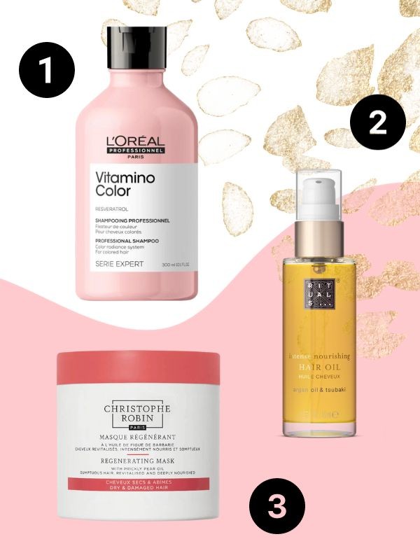 1. Serie Expert Vitamino Color Élénkítő sampon festett hajra L'ORÉAL PROFESSIONAL 6530 Ft/ 300 ml (21,76 Ft/1 ml) 2. Hajvédő olaj RITUALS 6490 Ft/ 45 ml (144,22 Ft/1 ml) 3. Regeneráló hajmaszk (Prickly Pear) CHRISTOPHE ROBIN 9400 Ft/ 75 ml (125,33 Ft/1 ml)