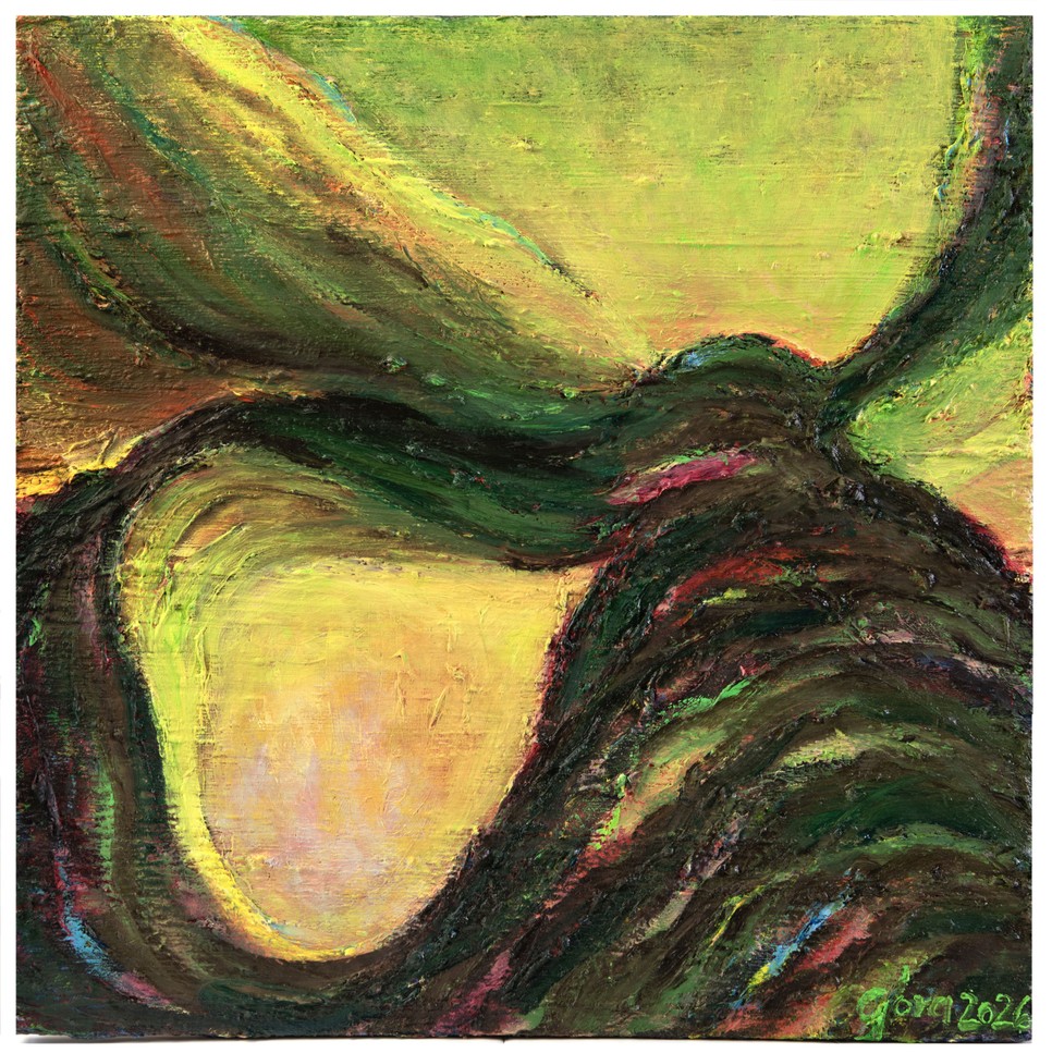 Góra Orsolya: Vajon a várakozás az egyetlen valódi létezés 2b (2026), olaj, vászon, 100 × 100 cm. A MissionArt Galéria A látható határán című, Budapest Contemporary-n bemutatott kiállításán a művész a színt és a fényt az érzékelés és a belső tapasztalat eszközeként vizsgálja. Fotó: MissionArt Galéria