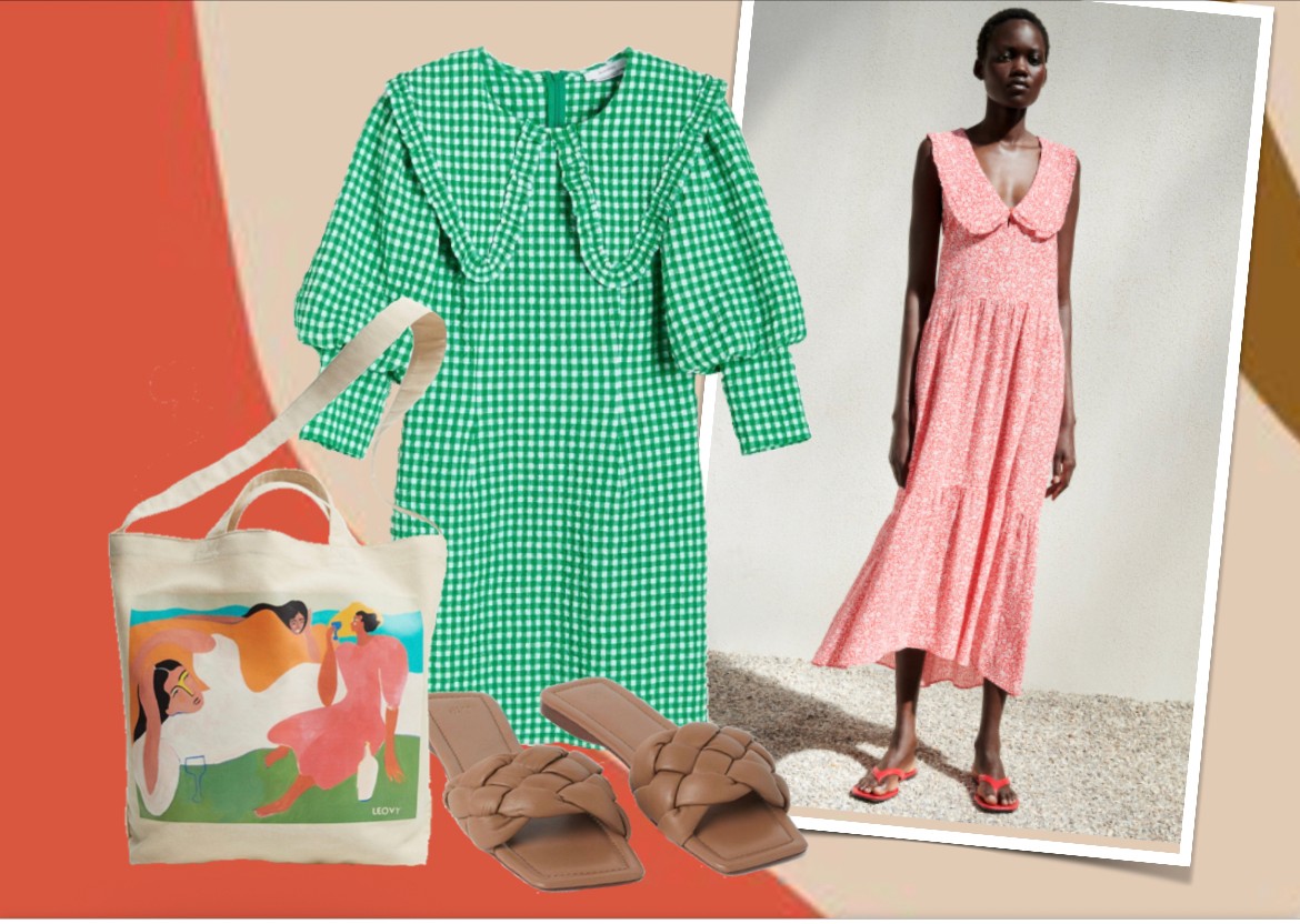 A nyári ruhák sem nélkülözhetik a romantikus hangulatot idéző gallérokat. Fotó: ZARA; Ruha RESERVED 9995 Ft; Organikus pamut vászontáska MANGO 9995 Ft; Fonott papucs H&M 11995 Ft