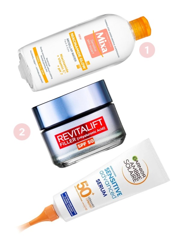 1. Niacinamide Glow micellás víz MIXA 2299 Ft/400 ml (5,74 Ft/1 ml) 2. Revitalift Filler nappali krém SPF 50 L'ORÉAL PARIS 5799 Ft/50 ml (115,98 Ft/1 ml) 3. Ambre Solaire Sensitive Advanced fényvédő  GARNIER 6999 Ft/125 ml (55,99 Ft/1 ml)