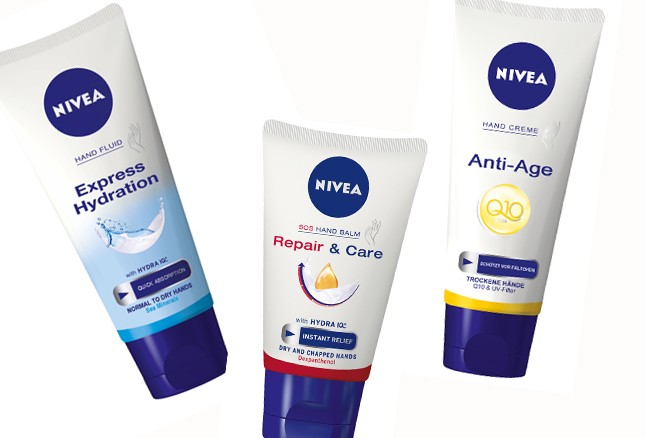 NIVEA Express Hydration intenzíven hidratáló kézkrém 949Ft, NIVEA Q10 Plus fiatalító kézkrém UVA/UVB szűrőkkel 1219Ft, NIVEA Repair & Care kézápoló balzsam dexpantenollal 949Ft