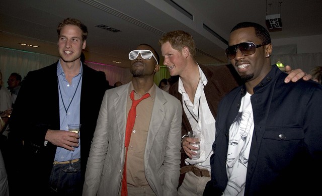 Diddy és Kanye West 2007-ben a hercegek társaságában Diana hercegné emlékkoncertjén.