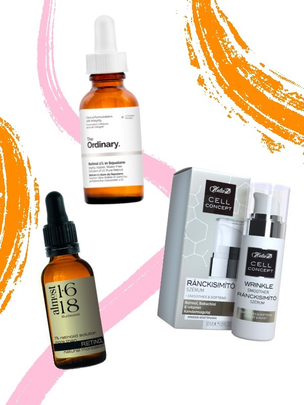 1% retinol natúr monoszérum ALMOST 1.618 3990 Ft/30 ml, 1%-os retinol szkvalénben THE ORDINARY 3900 Ft/30 ml, Cell Concept ránckisimító szérum HELIA-D 3690 Ft/30 ml