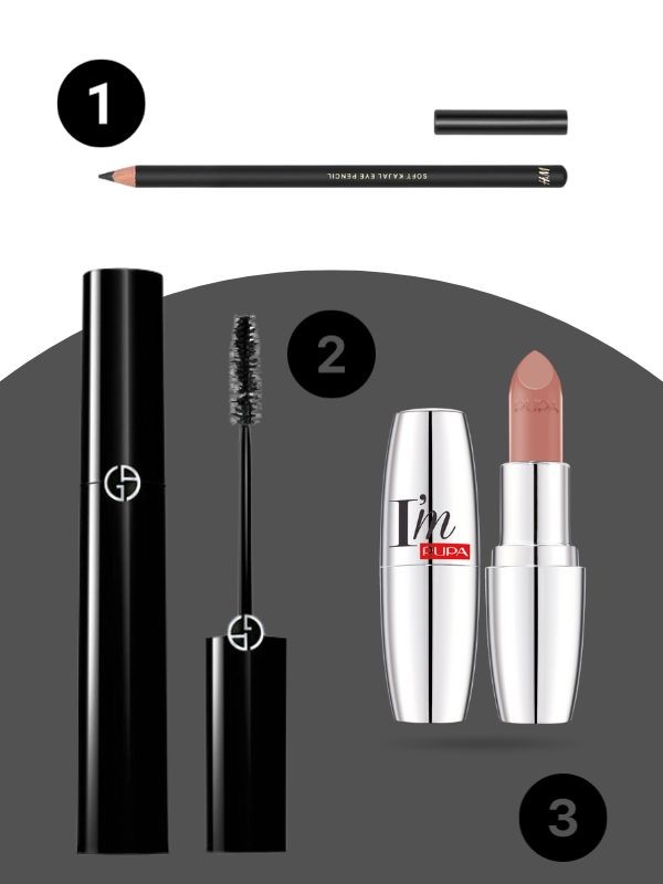 1. Puha szemkihúzó ceruza H&M 1495 Ft 2. Eyes To Kill szempillaspirál ARMANI (Black) -armanibeauty.com 3. Nude look ajakrúzs (I'm nude) PUPA 3690 FT