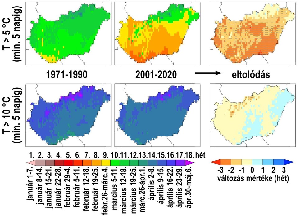 1. ábra: A hidegtűrő (felső sor) és a melegigényes (alsó sor) növények vegetációs időszakának átlagos kezdetei 1971-1990 és 2001-2020 között a megfigyelések szerint, illetve a két időszak közötti változás mértéke. Szürke pöttyözés jelöli a statisztikailag szignifikánsan változó területeket. A szerzők ábrája.