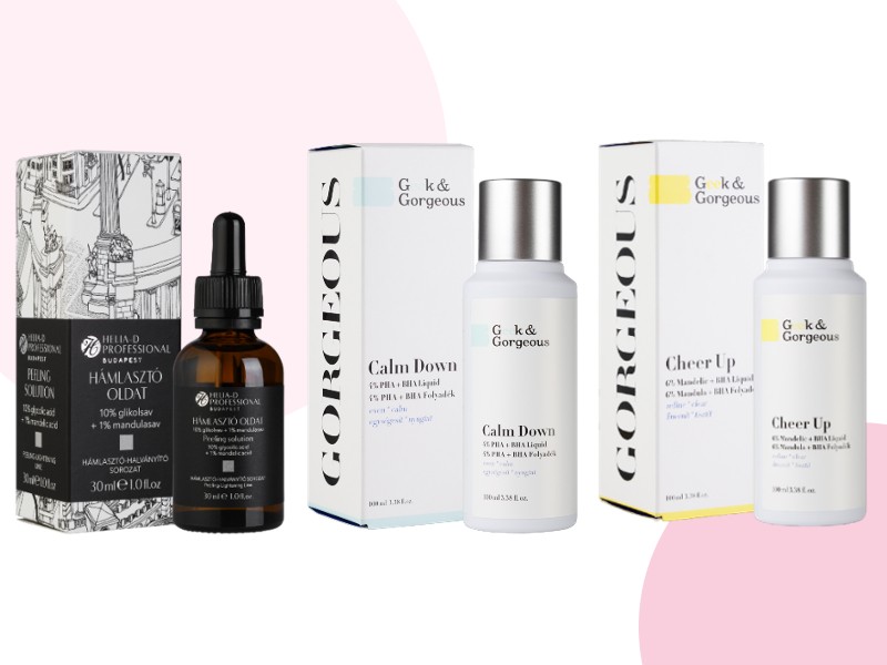 10% glikolsav + 1% mandulasav hámlasztó oldat HELIA-D 4270 Ft/30 ml, Calm Down hámlasztó GEEK&GORGEOUS 2690 Ft/30 ml, Cheer Up hámlasztó GEEK&GORGEOUS 2690 Ft/30 ml
