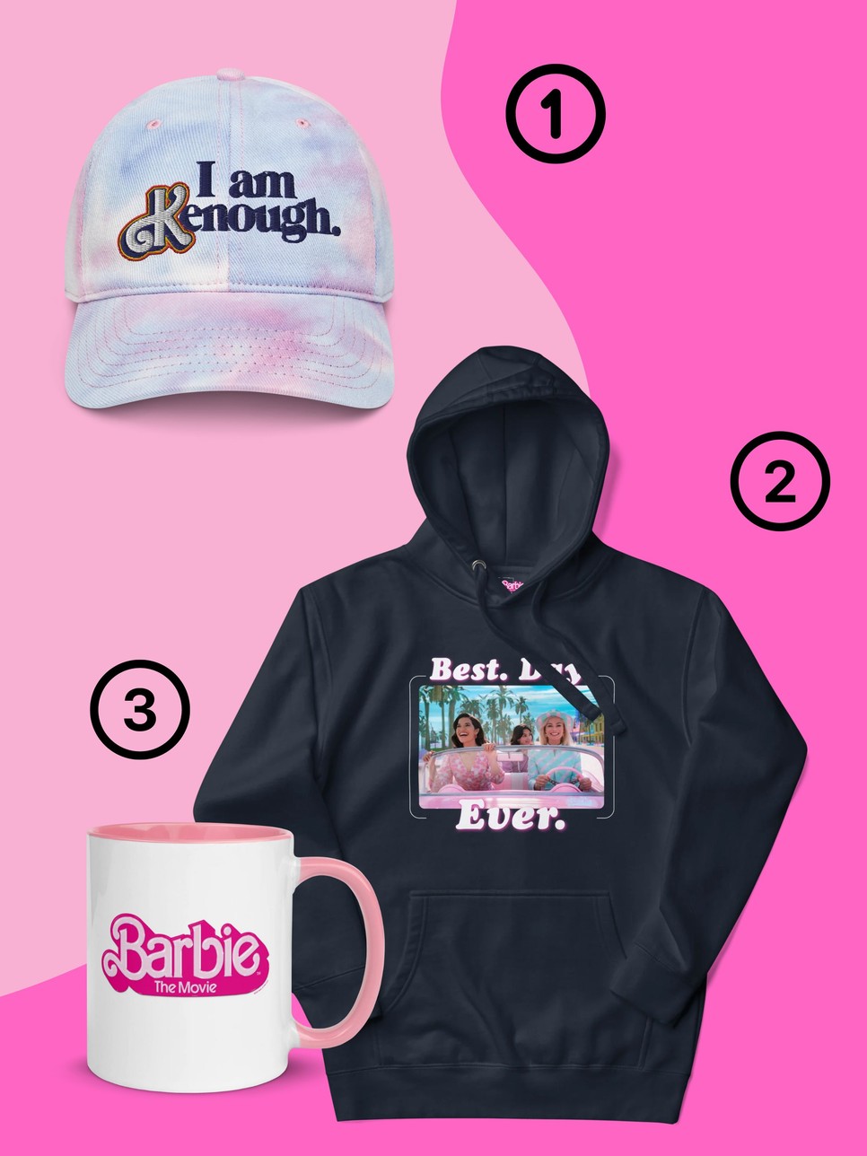 1. „ I Am Kenaugh" baseball sapka BARBIE THE MOVIE - crations.mattel.com 2. „ Best. Day. Ever." pulóver BARBIE THE MOVIE - crations.mattel.com 3. Logózott pink bögre BARBIE THE MOVIE - crations.mattel.com