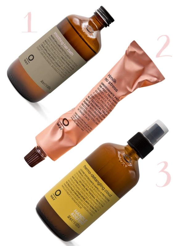 1. Smoothing hajfürdő OWAY 8490 Ft/240 ml (35,37 Ft/1 ml) 2. Hmilk No Stress tápláló tej OWAY 4990 Ft/75 ml (66,53 Ft/1 ml) 3. Thermo-Detangling Cloud hővédő és gubanctalanító permet OWAY 19 900 Ft/240 ml (82,91 Ft/1 ml)