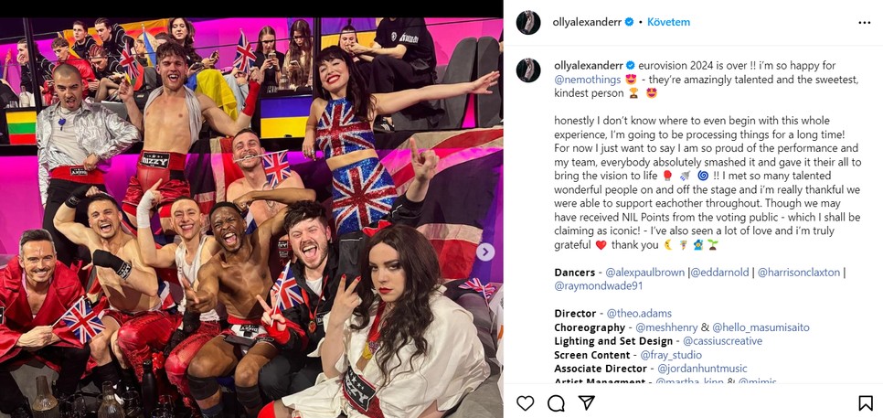 Olly Alexander az Instagramon reagált, hogy a Eurovíziós Dalfesztiválon a közönségtől nulla pontot kapott