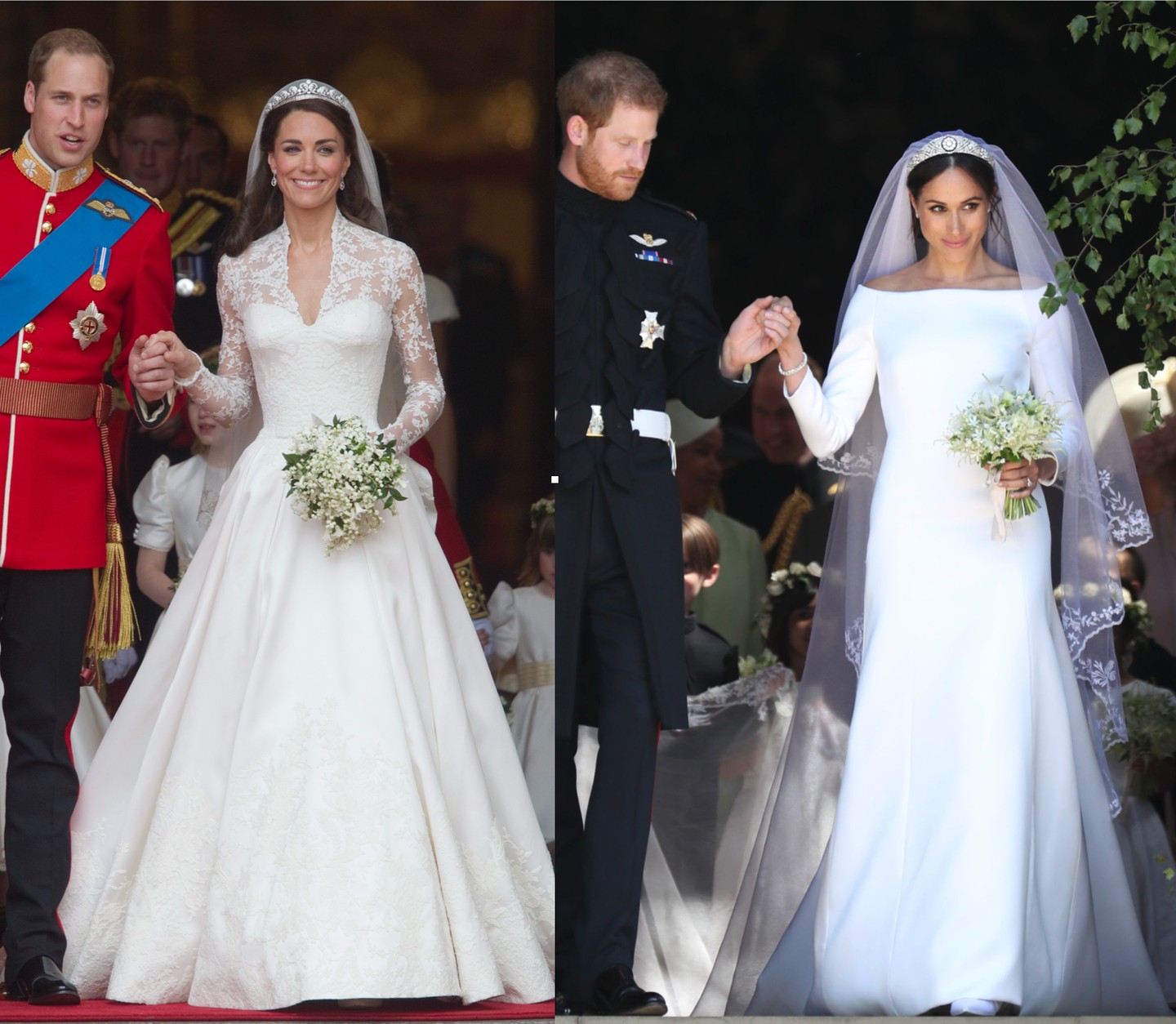 Mivel Meghan és Katalin hercegné is a klasszikus menyasszonyi ruhafazont választotta, a legnagyobb különbség az esküvői megjelenésük között a csipke volt. Katalin Sarah Burton Alexander McQueen ruhája csipkeelemeket tartalmazott, míg Meghan Clare Waight Keller Givenchy ruhája teljesen letisztult volt, amely modern, de elegáns stílust biztosított.