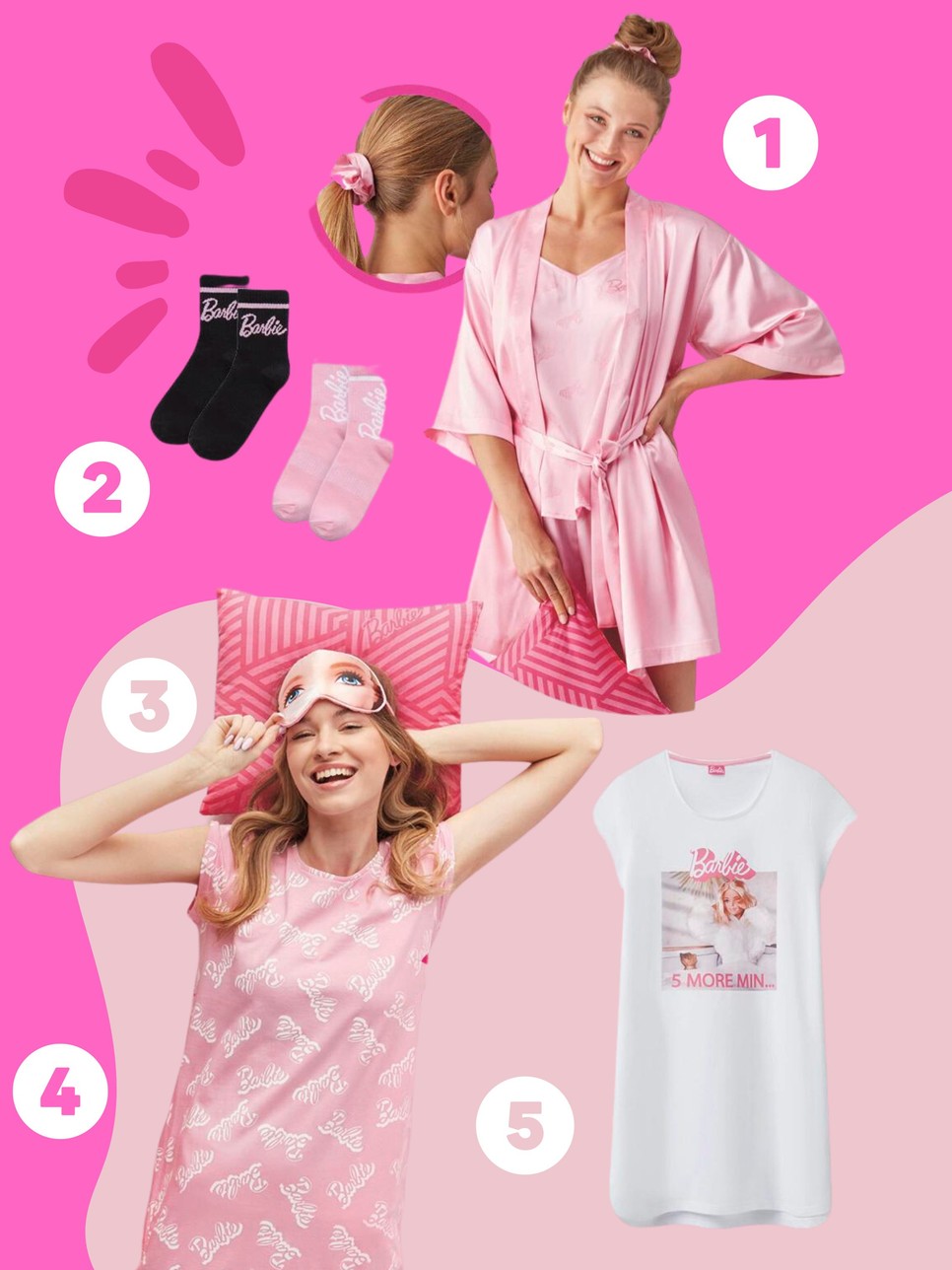 1. Barbie szatén piszama és hajgumi PEPCO 3500 Ft 2. Barbie két zokni szettben PEPCI 1200 Ft 3. Barbie alvómaszk PEPCO 780 Ft 4. Barbie pamut hálóing PEPCO 2500 Ft 5. Barbie pamut hálóing PEPCO 2500 Ft