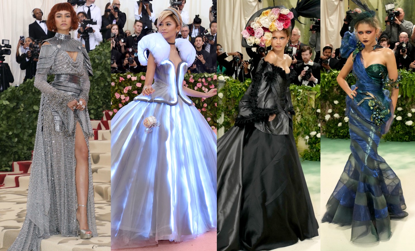 Amióta 2015-ben részt vett az első Met-gáláján, a sztár következetesen olyan összeállításokat visel, amelyek egyszerre vonzzák a tekintetet, és a témát is kiemelkedően tükrözik. (Balról jobbra) 2018 Versace ruha, 2019 Tommy Hilfiger ruha, 2024 Givenchy vintage haute couture fekete ruha, és John Galliano Maison Margiela ruha