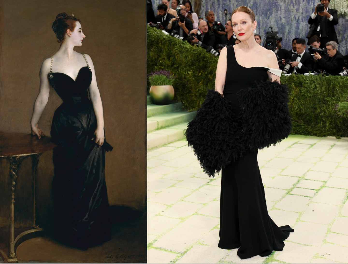 Míg Foy a kontrasztokra épített, Julianne Moore a Madame X portréjának kifinomultabb, klasszikus értelmezését prezentálta. Az egyedi Bottega Veneta ruhán a vállpántot éppen csak annyira engedték le, hogy az csendes utalásként szolgáljon az 1884-es botrányra. Ez a megközelítés tökéletesen rímelt Sargent portréjának örökségére. A hatást nem az érte el, amit a művész megmutatott, hanem az, amit a néző képzeletére bízott.