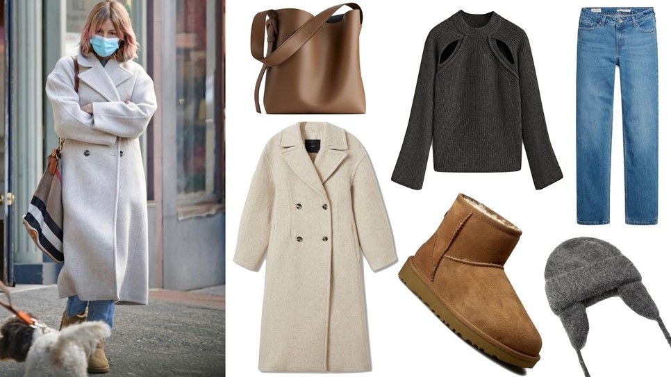 Táska ARKET arket.com, Kabát MANGO 59 995 Ft, Csizma UGG ecipo.hu 69 630 Ft, Pulóver MASSIMO DUTTI 39 995 Ft, Farmer LEVI'S levi.com, Sapka ZARA 7995 Ft