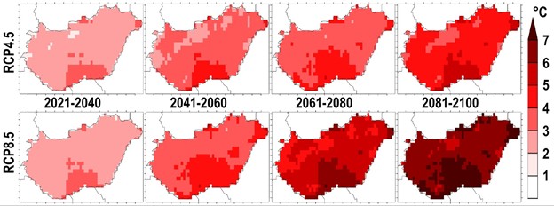 5. ábra: Az évi minimumhőmérséklet változása 2021-2040, 2041-2060, 2061-2080 és 2081-2100-ra az optimistább RCP4.5 (fent) és pesszimista RCP8.5 (lent) forgatókönyvet figyelembe vevő 8-8 modellszimuláció átlagára. Referencia időszak: 1986-2005, a megfigyelések országos átlaga: -15,9 °C. A szerzők ábrája.