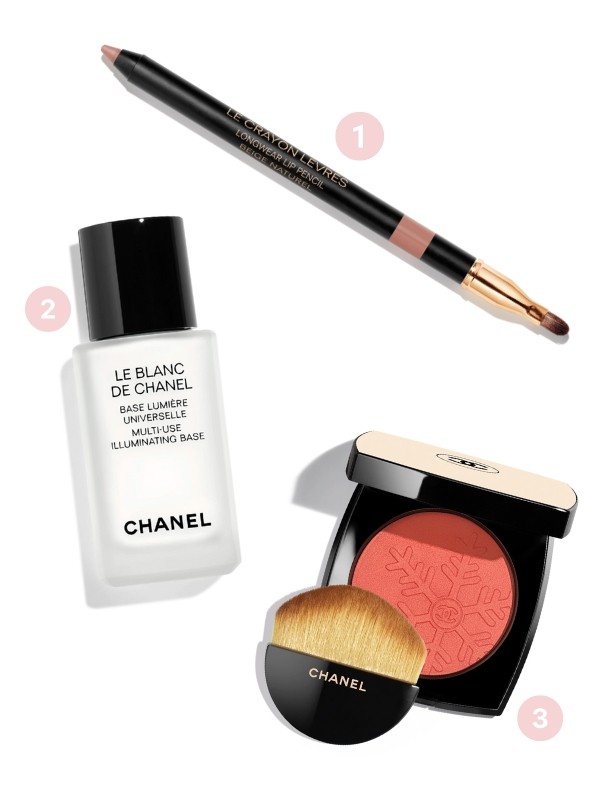 1. Le Crayon Lévres hosszantartó szájceruza CHANEL - chanel.com 2. Le Blanc de Chanel multifunkciós primer CHANEL - chanel.com 3. Les Beiges Healthy Winter Glow pirosító (Corail Givré) CHANEL - chanel.com