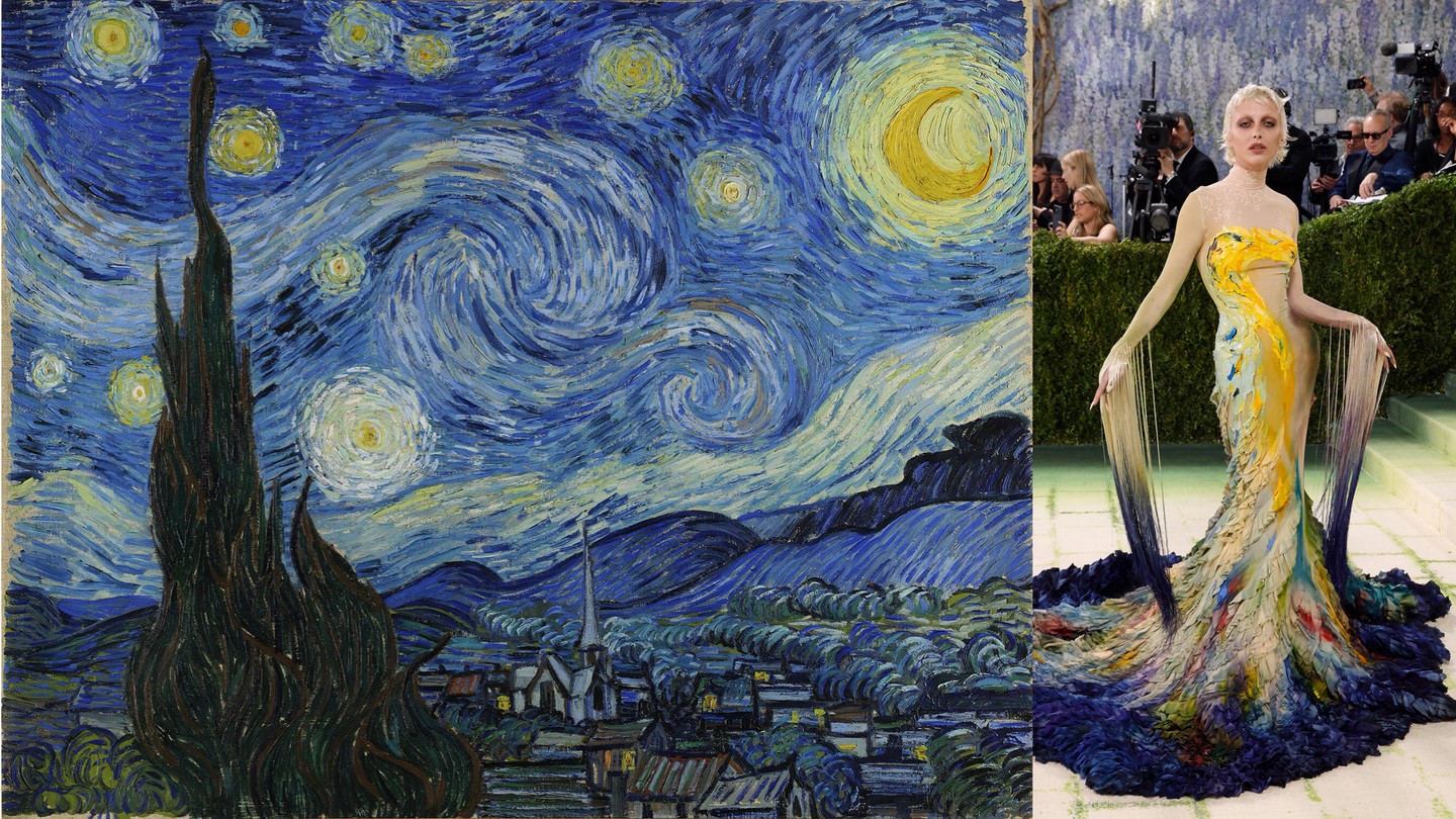 Emma Chamberlain egy Mugler ruhában nyűgözte le a közönséget. A darabot Anna Deller-Yee kézzel festett részletei tették egyedülállóvá. A kreatív koncepció Van Gogh munkásságából merített. Az élénk kék és arany paletta azonnal a festő 1889-es Csillagos éj című képét idézte. A textúrált, vastagon felvitt festékréteg (impasto technika) kidolgozása Deller-Yee-nek több mint 40 órányi precíz munkájába telt.