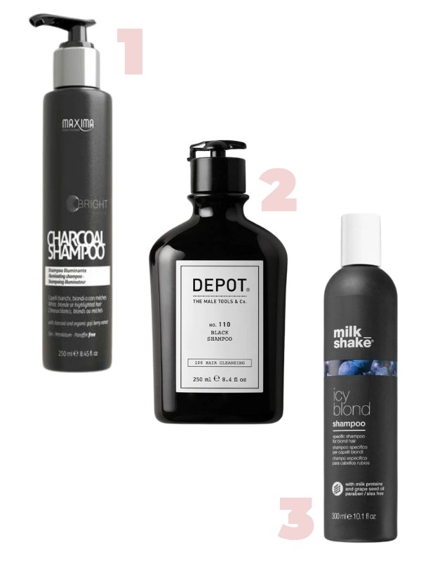 1. Charcoal hamvasító sampon aktív szénnel MAXIMA 5340 Ft / 250 ml (21,36 Ft/1 ml) 2. 100 hair cleansing no. 110 black shampoo DEPOT 8000 Ft/ 250 ml (32 Ft/ 1 ml) 3. Icy Blond Shampoo MILK_SHAKE 7480 Ft/300 ml (24,93 Ft/1 ml)